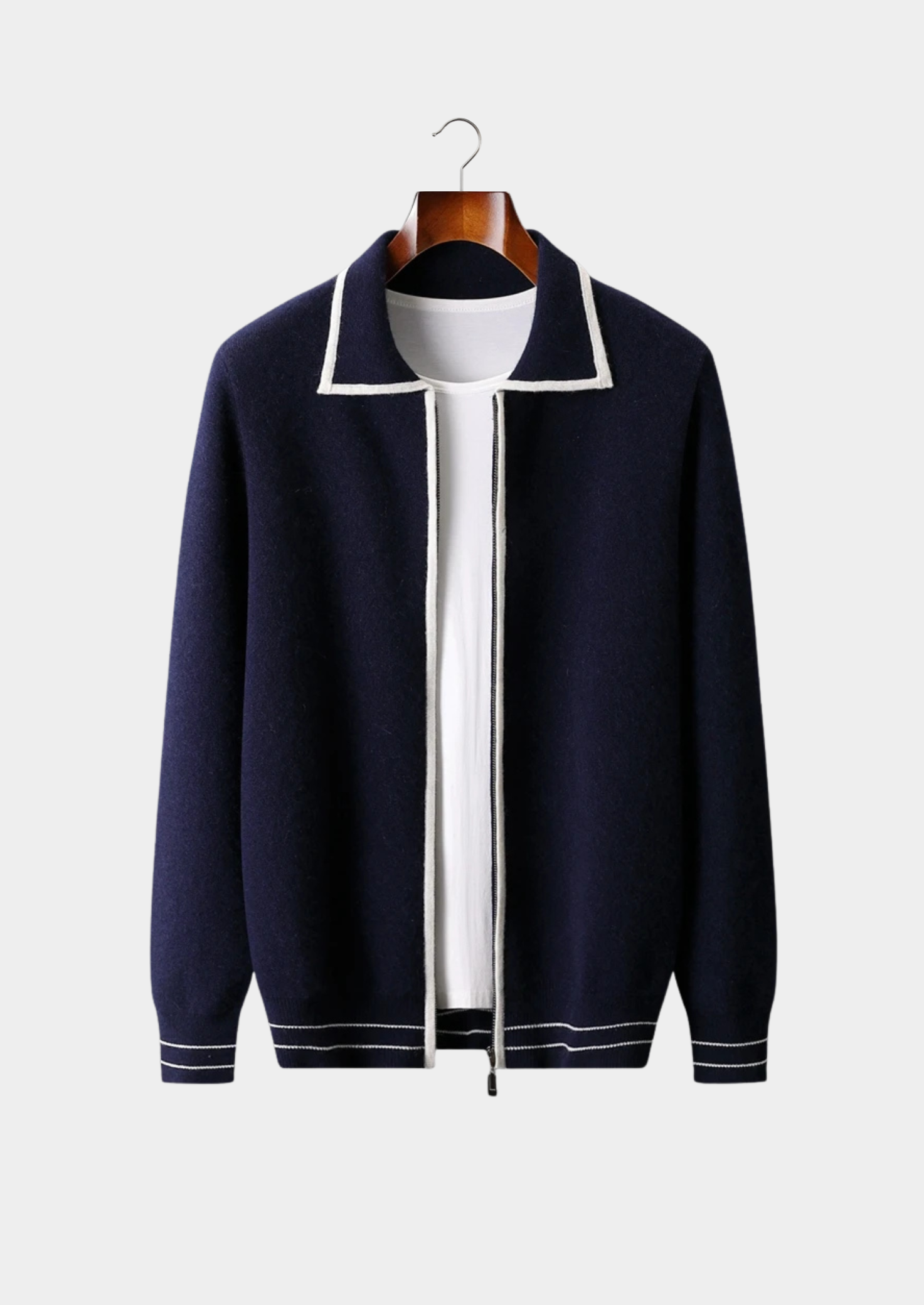 PURE EXTRA-FIJNE MERINO WOL TWO-TONE POLO CARDIGAN
